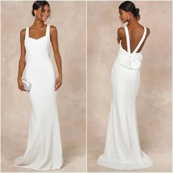 NWT Lulus Romantic Glow Backless Pearl Bow Wedding Gown Maxi Dress XL White - Picture 1 of 15